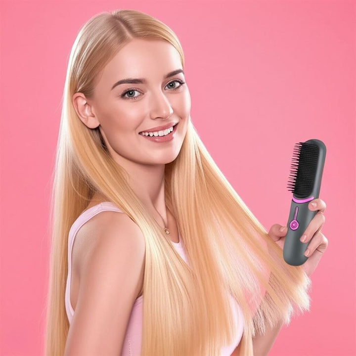A smiling young woman with long, straight blonde hair holds the UNIQ 2-in-1 Straightening Brush with Ceramic Plates—featuring fast heating and USB-C charging—against a pink background, wearing a light pink sleeveless top.