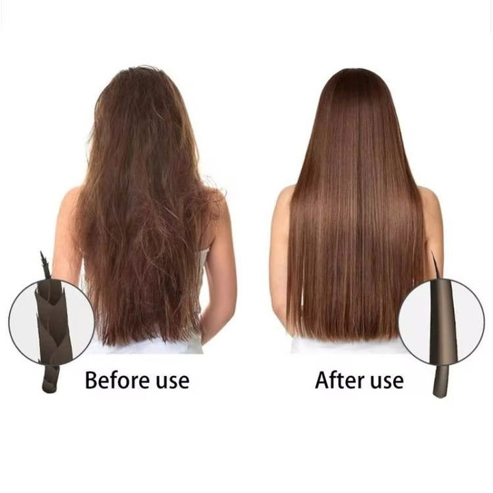 On the left, a woman with long, frizzy hair is labeled Before; on the right, her hair looks smooth and straight after using the UNIQ 2-in-1 Straightening Brush with Ceramic Plates, Fast Heating, and USB-C Charging. Close-ups highlight each hair texture.