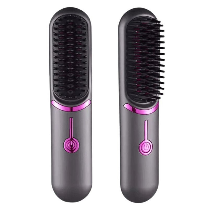 Two identical UNIQ 2-in-1 Straightening Brushes with ceramic plates, black bristles, dark grey bodies, and pink accents are shown front and side on a white background. Features fast heating and USB-C charging for efficient styling.