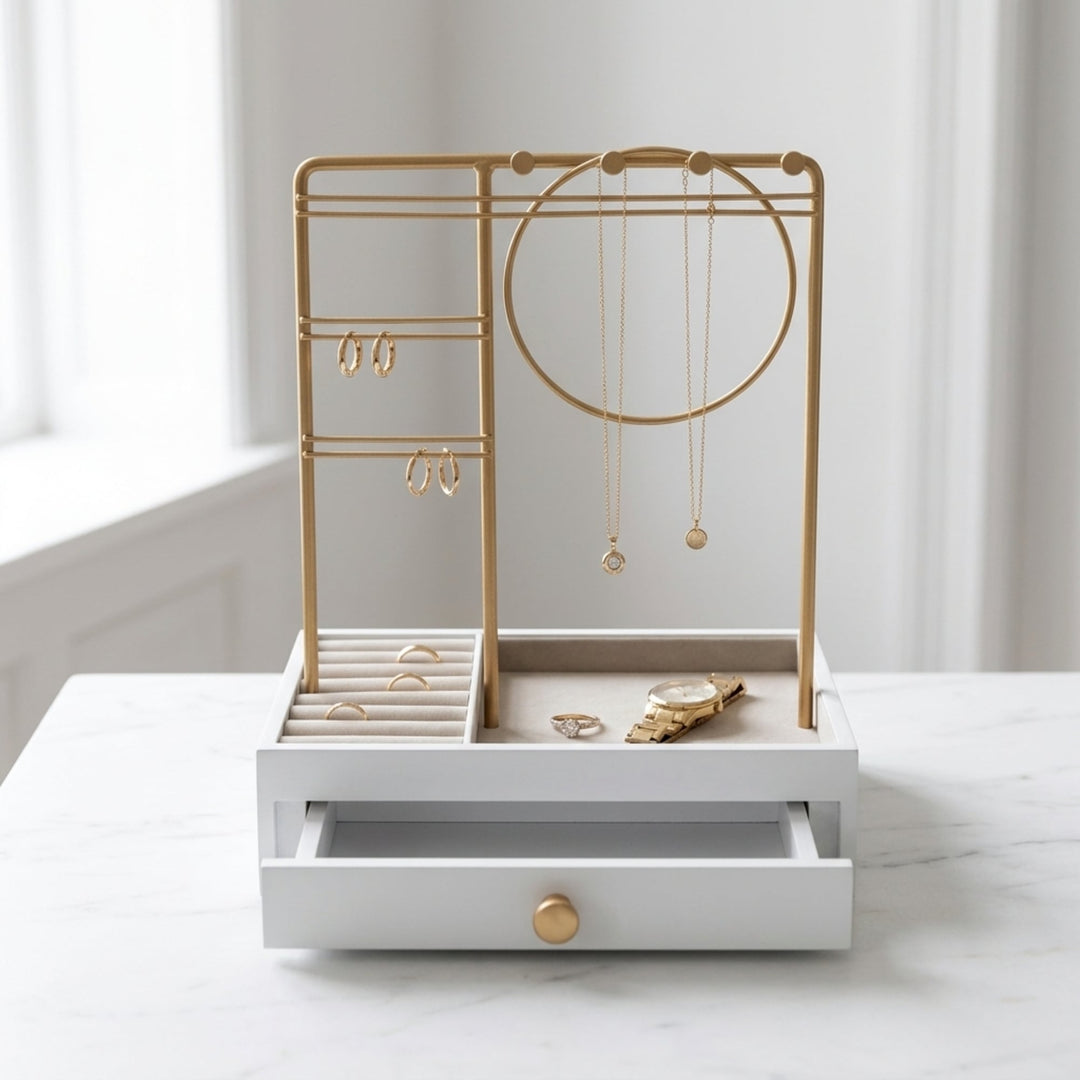 UNIQ Schmuckständer in Gold mit Schublade (29 cm) – Schmuckhalter für Ohrringe & Ketten