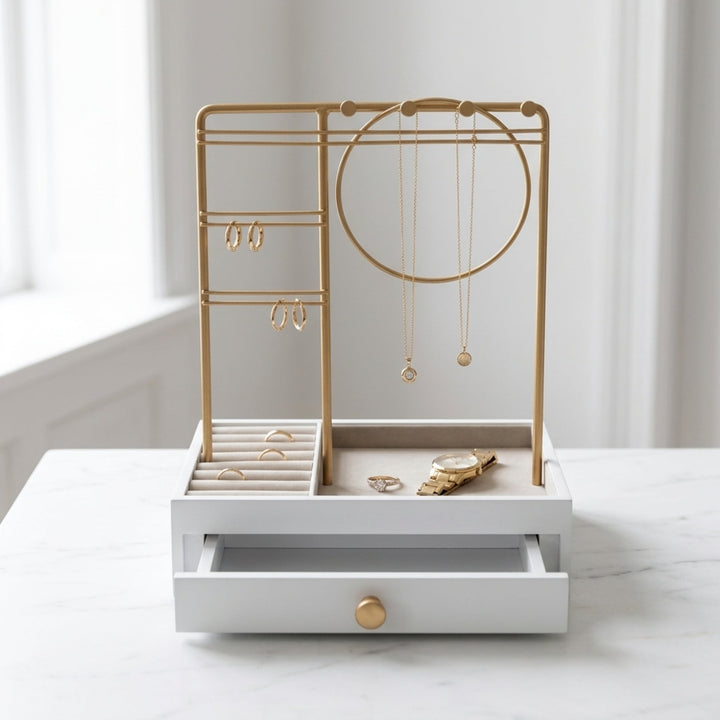 UNIQ Schmuckständer in Gold mit Schublade (29 cm) – Schmuckhalter für Ohrringe & Ketten