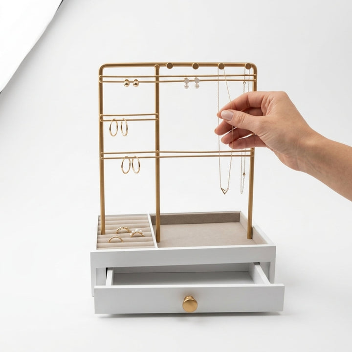 UNIQ Schmuckständer in Gold mit Schublade (29 cm) – Schmuckhalter für Ohrringe & Ketten