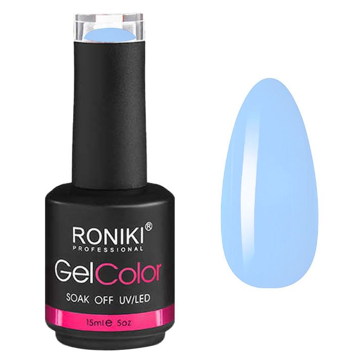 A UNIQ Nail Starter Kit: Complete Gel Nail Set with 80W UV/LED Dryer is shown beside a glossy, light blue gel nail swatch. The UNIQ kit includes soak-off gel color and works perfectly with any UV/LED curing lamp.