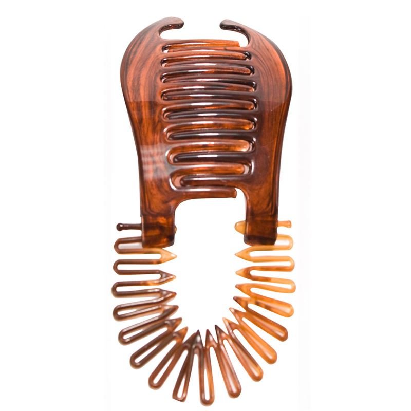 The SOHO Banana Interlocking Hair Claw - tortoise features wide, curved teeth, a flexible spiral band, and a translucent tortoiseshell pattern—perfect for creating retro hairstyles.