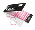Es wird eine Packung BLAX Hair-Haargummis – Pink (8 Stück) von BLAX gezeigt, wobei zwei verhakungsfreie rosa und weiße Haargummis neben der Verpackung auf einer weißen Oberfläche liegen.