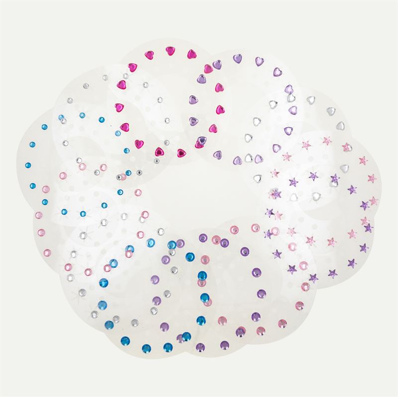 Fashiongirl’s Bling Bling Ultimate Glam Kit includes 180 colorful diamond stickers in heart, star, and round shapes—perfect for styling with bling hair accessories. Pink, blue, purple, and clear gems shimmer from every angle. Includes styling tool.