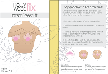 Illustrated step-by-step instructions for applying Fashiongirl Breast tape Hollywood Fix Instant Lift (10 pcs), featuring hands using the tape, product details, and branding on a floral background.