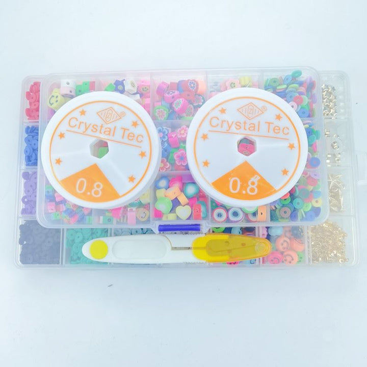 The Fashiongirl Clay Beads/Heishi Beads Fimo Kit includes 4500 colorful beads, two spools of 0.8mm Crystal Tec string, tweezers, and a bead threader in a clear box—perfect for KREA DIY jewellery making.