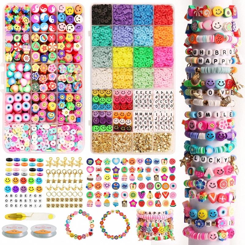 The Fashiongirl Clay Beads / Heishi Beads Fimo Kit - KREA DIY Jewellery Kit includes 4500 colorful beads, smiley faces, letters, and accessories for making jewellery. Several completed bracelets and two beaded rings are shown.