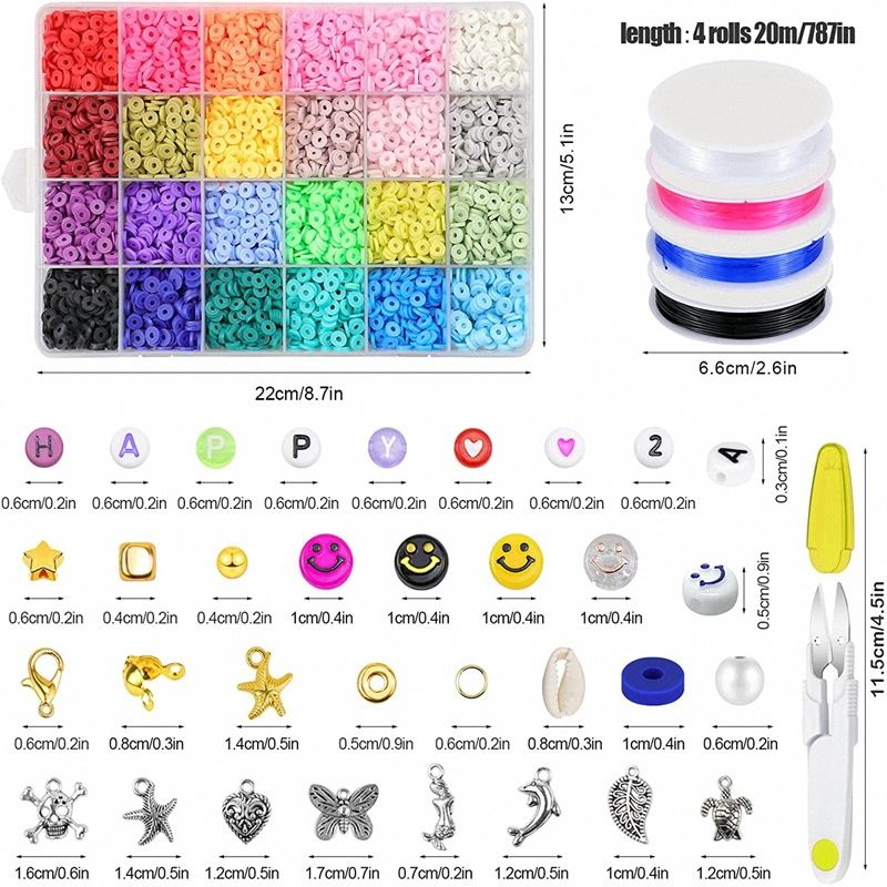 The Fashiongirl Clay Beads / Heishi Beads Merkki Kit - KREA DIY Jewellery Kit includes 7000 colorful beads, charms, letter and smiley beads, 4 multicolored strings, yellow-handled scissors, and measurements for each item—perfect for jewelry making.