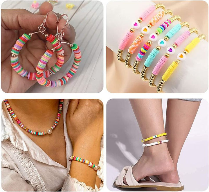 A collage displays vibrant beaded jewelry made with Fashiongirl’s KREA DIY Acrylic bead set—hoop earrings, stackable bracelets, a necklace-bracelet set, and anklets paired with sandals—all crafted from beads in 24 colorful compartments.
