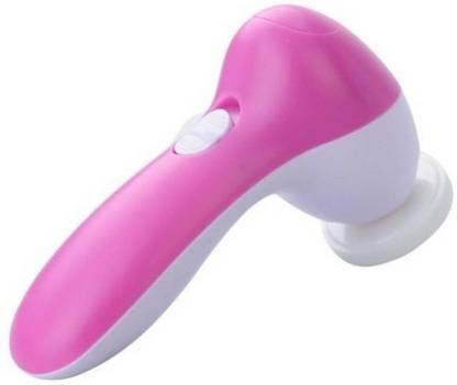 The Fashiongirl Facial Brush 5-in-1 is a pink and white handheld electric facial cleanser with a rounded head and convenient on/off switch, perfect for effortless skincare.