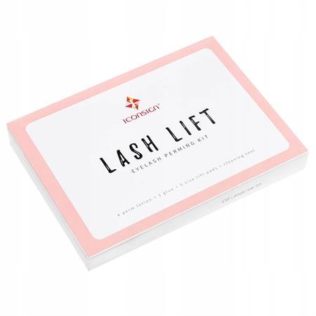 A rectangular pink and white box labeled “Lash Lift Kit by IconSign | At-Home Salon-Quality Eyelash Perm Treatment” from Fashiongirl is shown on a white background.