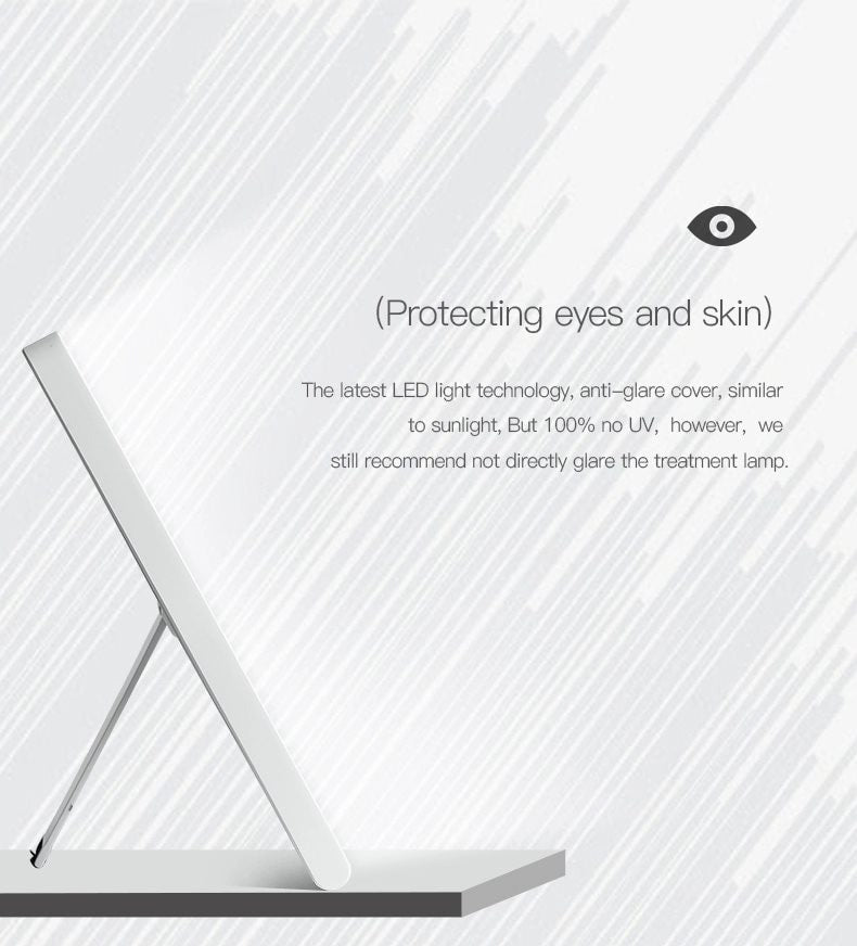 A side view of the Fashiongirl Light Therapy Lamp 10,000 lux LED on a stand highlights its anti-glare cover that protects eyes and skin—avoid direct glare for safety. An eye icon sits above text about simulating daylight and light therapy benefits.