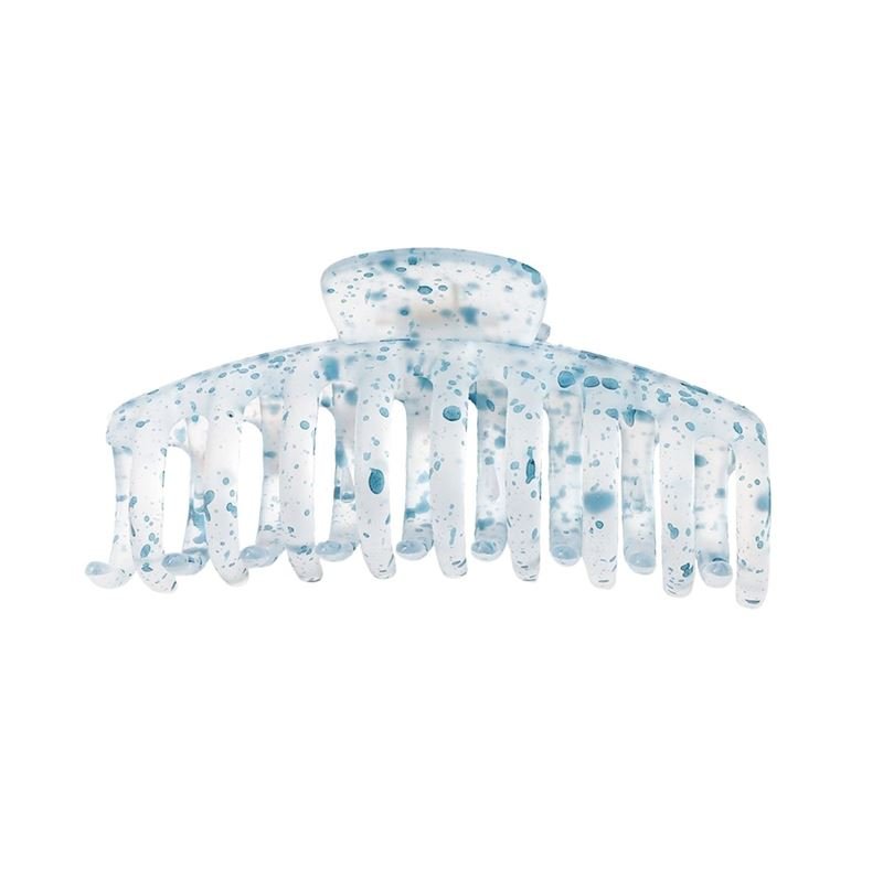 The SOHO Kana Splash Hair Claw - Blue by SOHO features a translucent plastic design with blue and white speckles and wide, curved teeth for a strong grip. Suitable for all hair types.