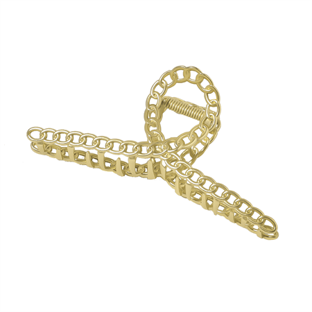 The SOHO Monz Metal Hair Claw in gold by SOHO shines elegantly on a white background—perfect inspiration for a chic gold hair accessory or as a sophisticated pair with your favorite metal hair clip.