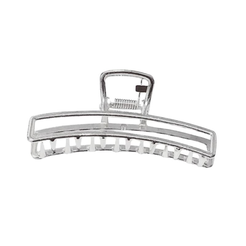 The SOHO Selin Metal Hair Claw in silver, by SOHO, features a rectangular design with a spring hinge and open minimalist structure for all hair types, shown against a white background.