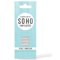 SOHO Snag-Free Hair Elastics – 10 Stück in transparent, 4 mm dick, in hellblauer Verpackung mit kreisförmigem Muster und Sichtfenster. Stark, elastisch und schonend für alle Haartypen.