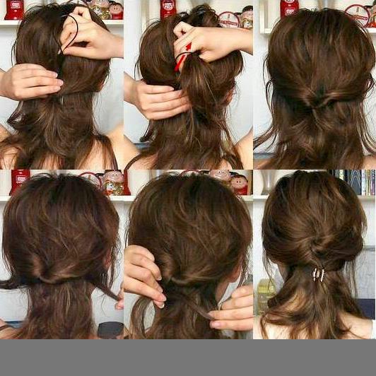A step-by-step collage shows hands using the Fashiongirl Topsy Tail Hair Styling Tool (2 Piece Set) and hairpins to create a low twisted updo on brown, medium-length hair, from gathering to securing it at the nape.