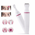 Der UNIQ 5-in-1-Trimmer für Augenbrauen, Nase, Bikinizone und Gesicht von UNIQ wird in Weiß und Rosa mit Aufsätzen gezeigt. Nahaufnahmen zeigen eine Frau, die den Präzisionstrimmer verwendet. Vier Symbole heben die vielseitigen Aufsätze hervor.