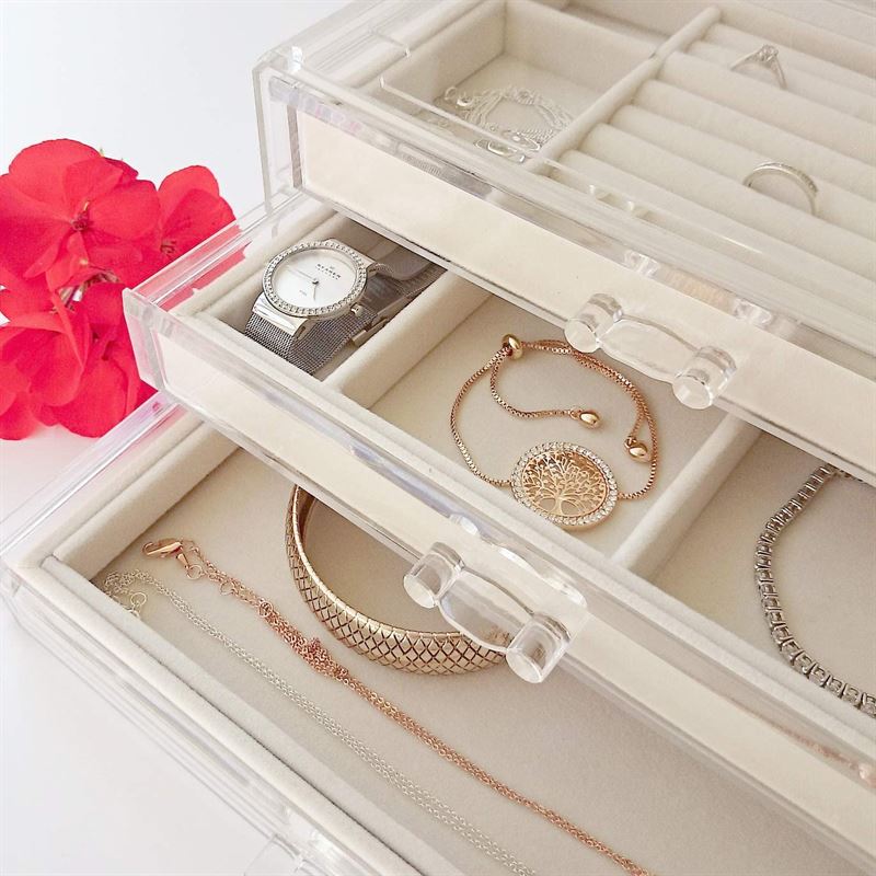 UNIQ Acrylic Jewellery Box with 3 Drawers - Organiser storage for earrings, necklaces, bracelets, watches etc. - Jewelry Box