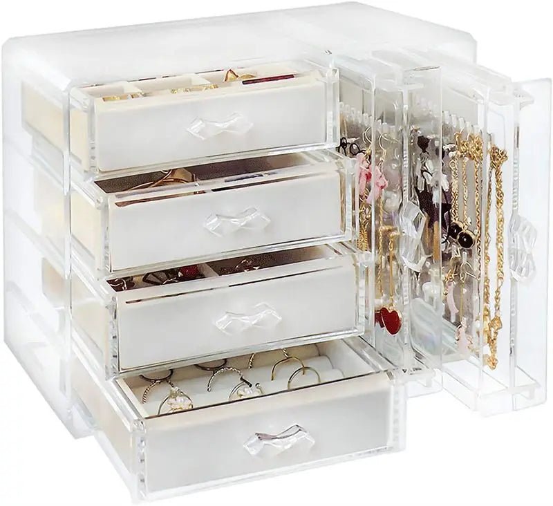 The UNIQ Acrylic Jewellery Organiser (SF 1142) features four velvet-lined drawers for rings and small items, plus two earring holders for hanging jewellery. Set on a white background, it offers clear, organised storage for your accessories.