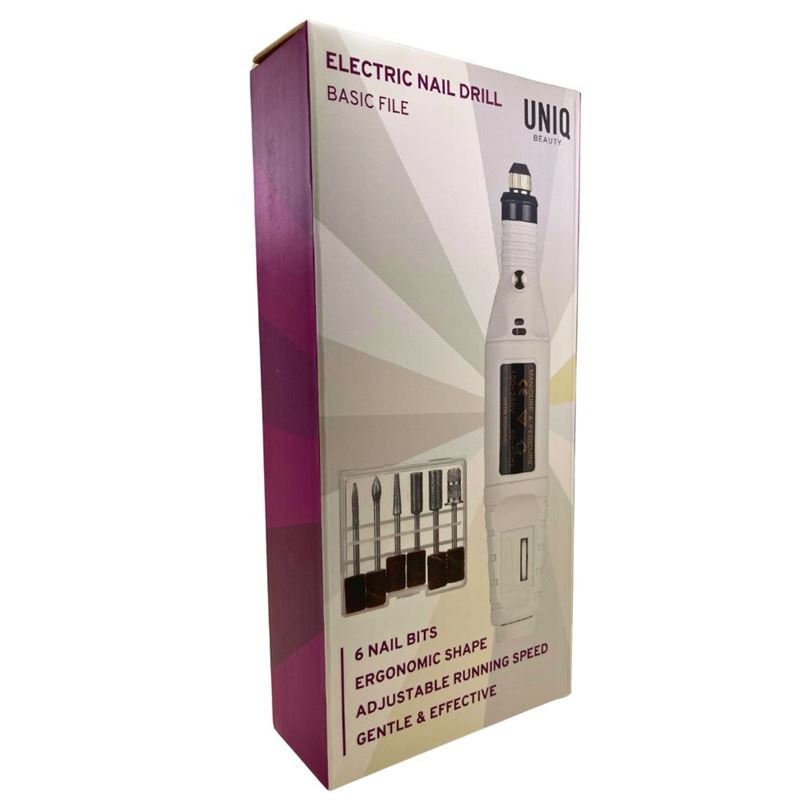 Box of UNIQ Basic 6-in-1 Electric Nail File by UNIQ, featuring the electric nail drill and six bits. Highlights include ergonomic shape, adjustable speed, and gentle yet effective use. Packaging is mainly white with pink and purple accents.