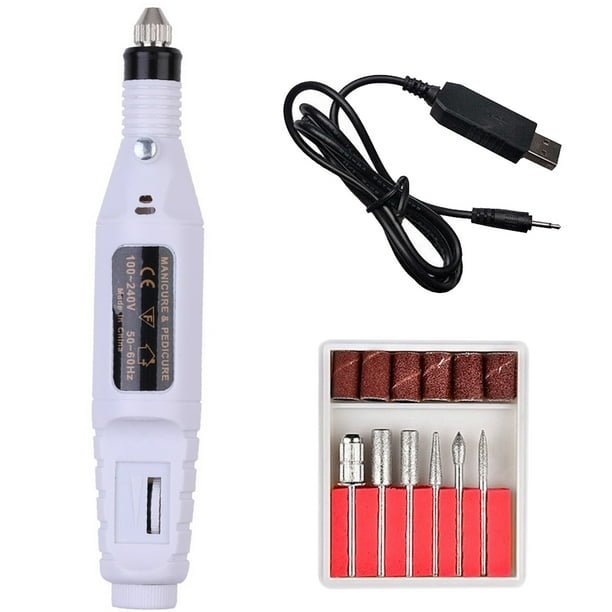 The UNIQ Basic 6-in-1 Electric Nail File by UNIQ features a white handheld drill, USB cable, six interchangeable bits and sand bands in a white and red holder—ideal for professional nail care at home.