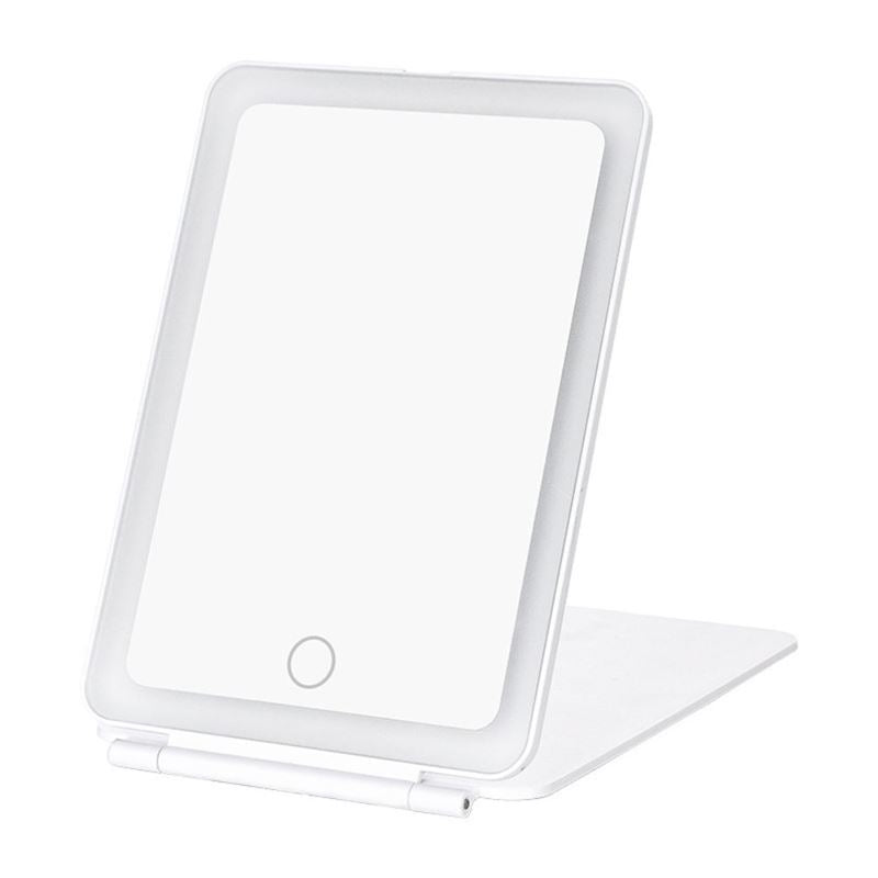The UNIQ Foldable LED Makeup Mirror in white features a rectangular design with rounded edges, a touch button at the bottom center, and a foldable stand. Its rechargeable, travel-friendly, and made by UNIQ.