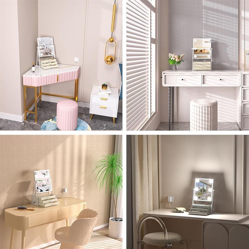 UNIQ Glasgow Kosmetikspiegel mit 6 LED-Lampen und 3 Schubladen zur Aufbewahrung von Schmuck – | Fashiongirl