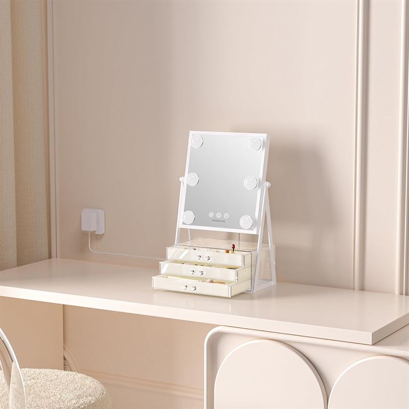 UNIQ Glasgow Kosmetikspiegel mit 6 LED-Lampen und 3 Schubladen zur Aufbewahrung von Schmuck – | Fashiongirl