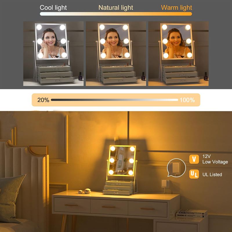 UNIQ Glasgow Kosmetikspiegel mit 6 LED-Lampen und 3 Schubladen zur Aufbewahrung von Schmuck – | Fashiongirl