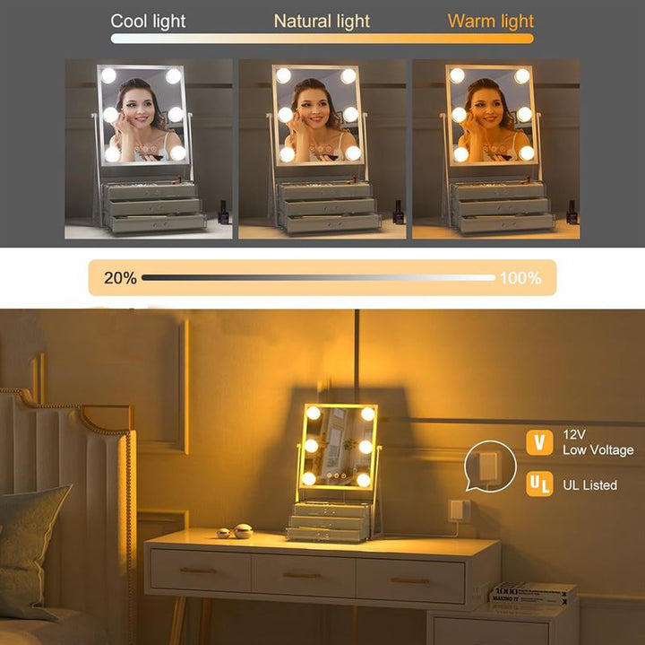 UNIQ Glasgow Kosmetikspiegel mit 6 LED-Lampen und 3 Schubladen zur Aufbewahrung von Schmuck – | Fashiongirl