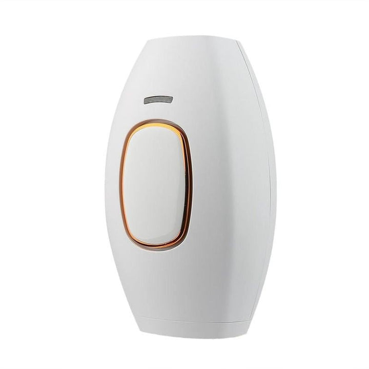 The UNIQ IPL Hair Removal Device, featuring a white body and gold-bordered oval button, offers smooth, pain-free permanent hair reduction at home with 600,000 flashes. It’s shown against a plain white background.