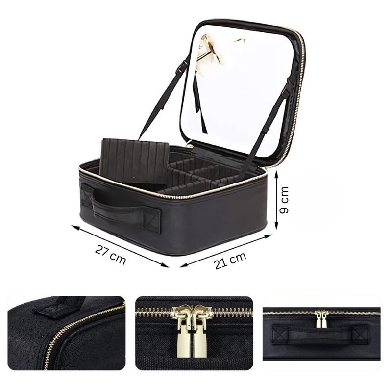 The UNIQ LED Makeup Travel Case with Mirror by UNIQ is a spacious black rectangular cosmetic organizer (27x21x9 cm) featuring compartments, quality zipper, sturdy handle, and detailed stitching—perfect for travel.