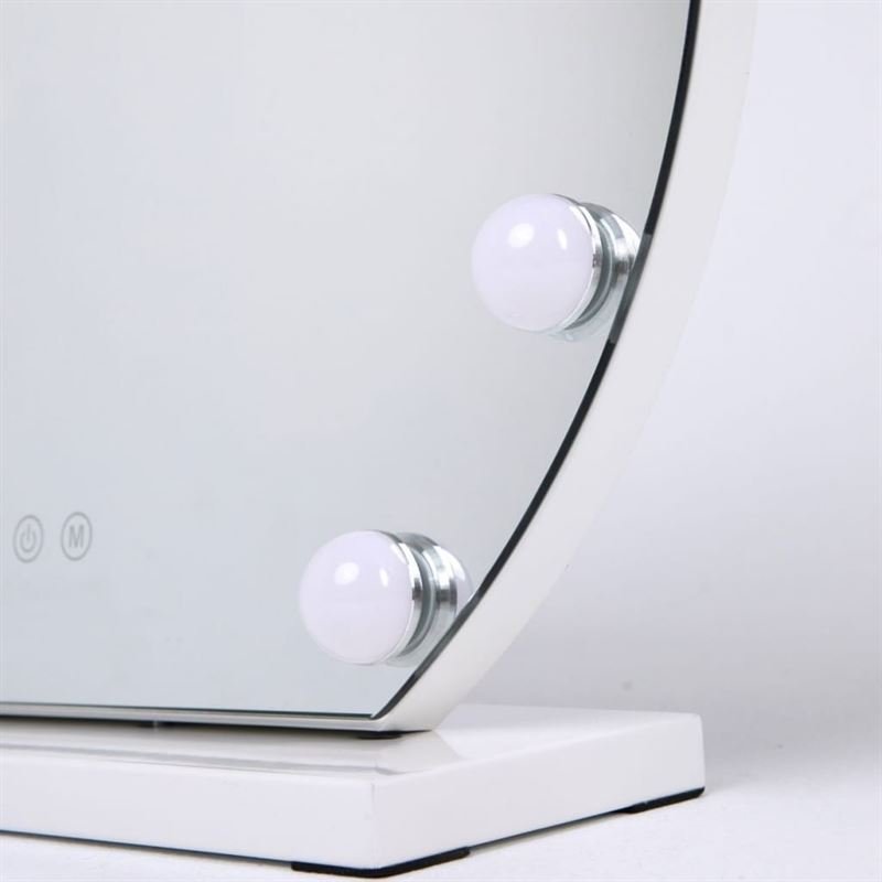 The UNIQ London Round Make-up Mirror features 12 LED bulbs, intuitive touch controls for easy adjustments, and a white base—perfect for flawless makeup application.