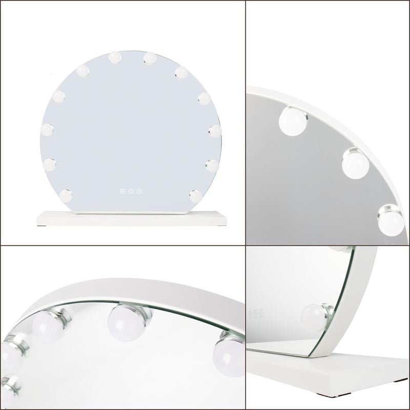 The UNIQ London Round Make-up Mirror features a sleek white base, 12 LED bulbs, and touch controls. The image displays both full and close-up views highlighting the mirrors detailed lighting features by UNIQ.
