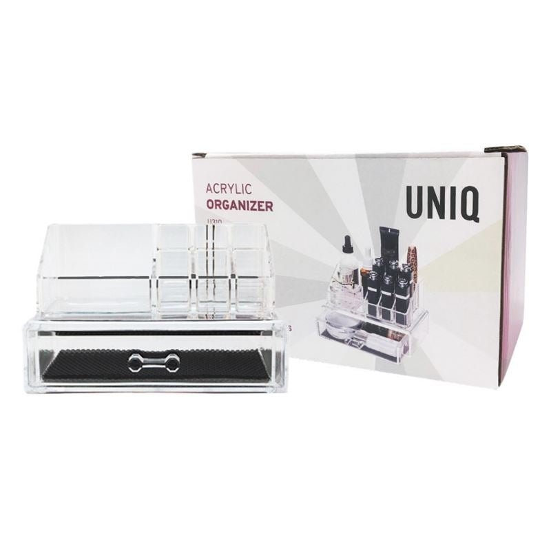 The UNIQ Makeup Acrylic Organiser with 1 drawer + top (SF-1061) is shown in front of its branded box, which displays the organiser filled with cosmetics for easy and stylish storage.