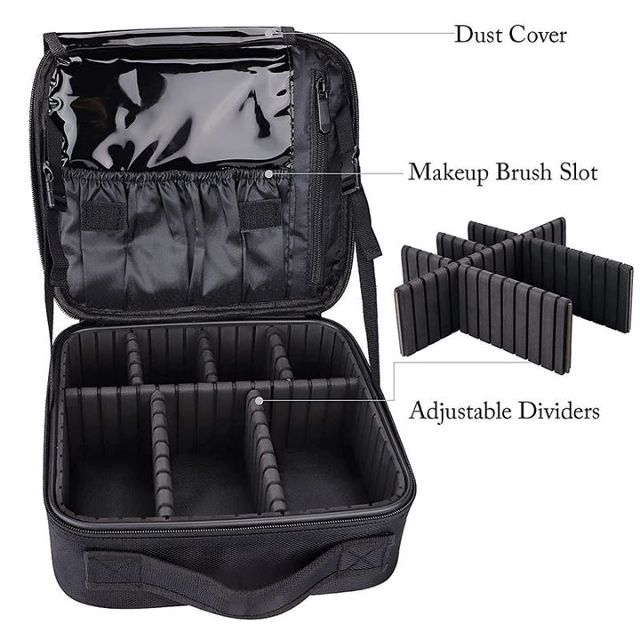 The UNIQ makeup travel bag in black features a transparent dust cover, elastic brush slots, a spacious main section with adjustable dividers, and extra dividers shown separately—ideal as a toiletry or cosmetic bag.