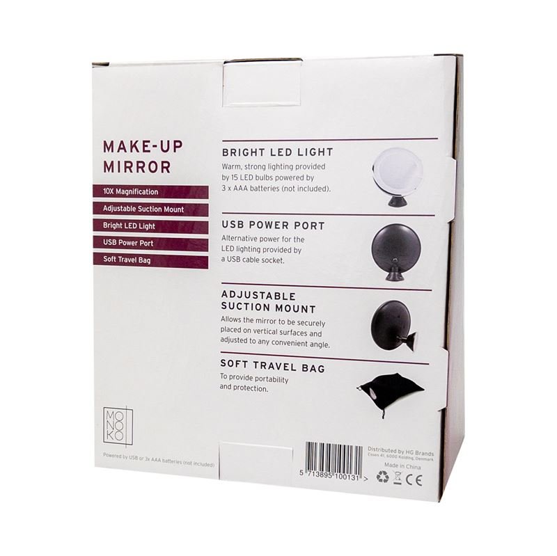 UNIQ Round Mirror with LED Light and Suction Cup x10 Magnifying Mirror - Black - | Fashiongirl