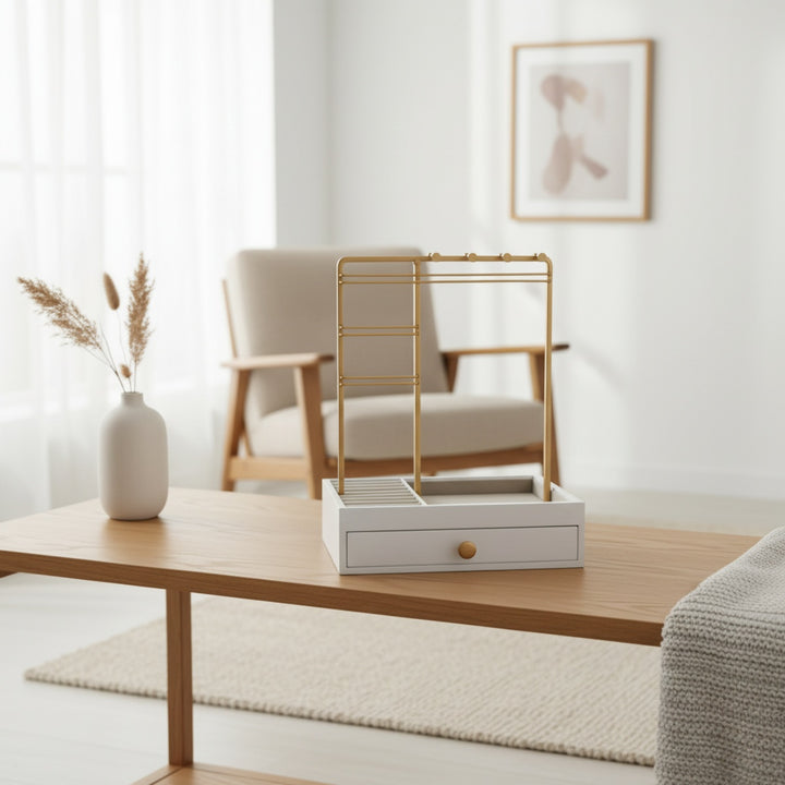 UNIQ Schmuckständer in Gold mit Schublade (29 cm) – Schmuckhalter für Ohrringe & Ketten