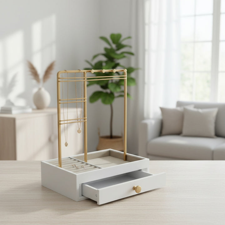 UNIQ Schmuckständer in Gold mit Schublade (29 cm) – Schmuckhalter für Ohrringe & Ketten