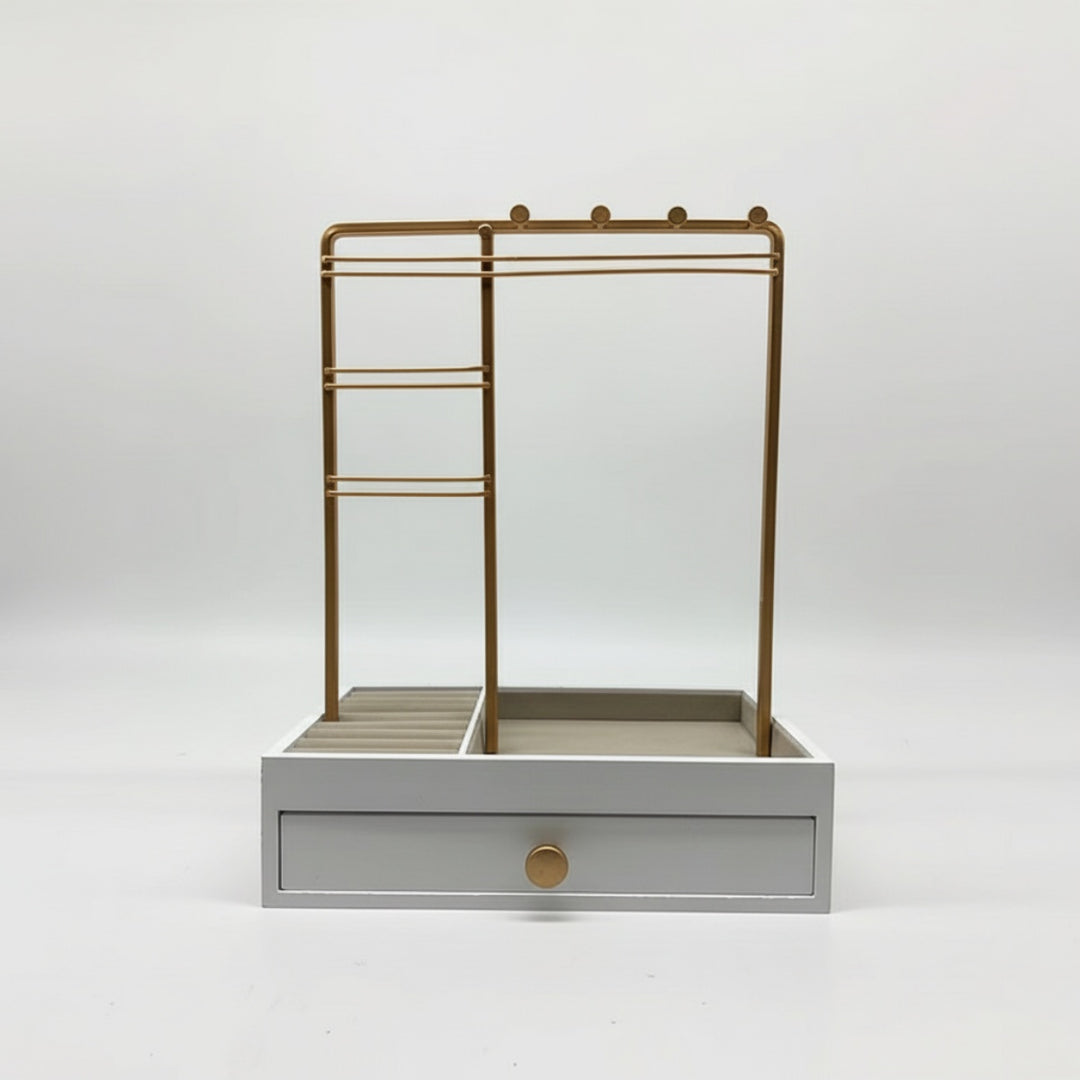 UNIQ Schmuckständer in Gold mit Schublade (29 cm) – Schmuckhalter für Ohrringe & Ketten