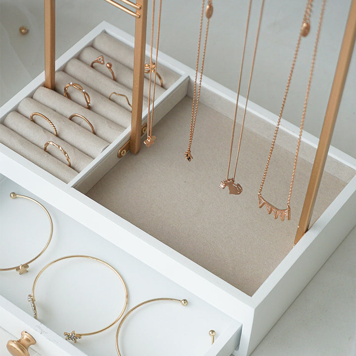 UNIQ Schmuckständer in Gold mit Schublade (29 cm) – Schmuckhalter für Ohrringe & Ketten