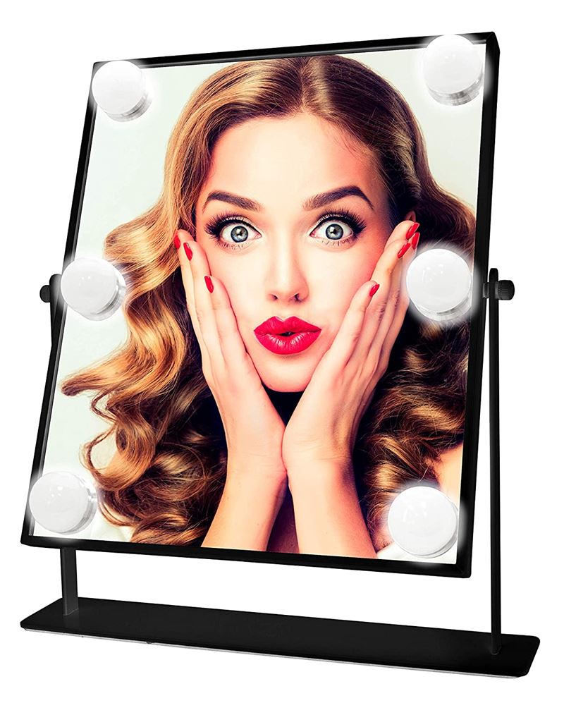 The UNIQ XL Hollywood Mirror with LED Lights & Touch Control by UNIQ frames a womans surprised reflection, her wavy hair and wide eyes highlighted by six round bulbs along the mirrors edges.
