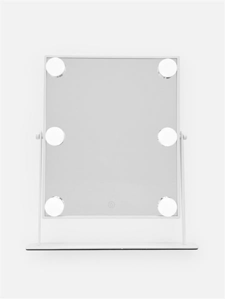The UNIQ XL Hollywood make-up mirror features 6 evenly spaced LED bulbs, a touch function, and a minimalist white stand, all showcased against a plain white background.
