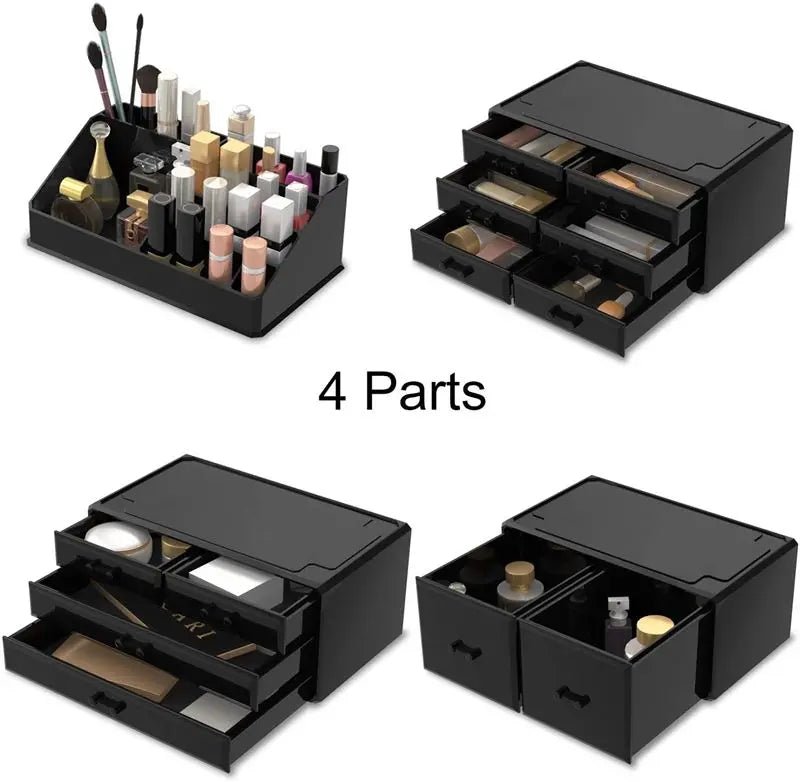 The UNIQ XXL Organiser with 12 drawers and 16 compartments in black is shown, displaying separate and combined sections for brushes, lipsticks, cosmetics, and accessories.
