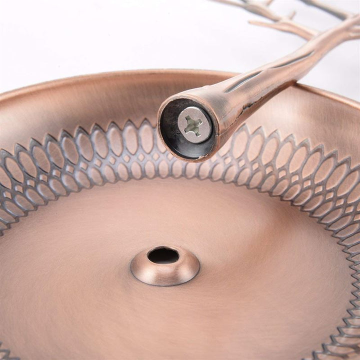 A close-up of the UNIQ Bronze Vintage Jewelry Tree with 3 Birds—this decorative tray stand features a patterned rim and branch-like handle, perfect as a jewelry organizer or display stand.